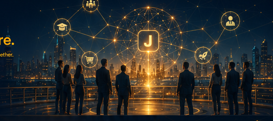 Illustration of a glowing network connecting the JOYESH logo to icons for community, commerce, learning and growth, with silhouettes of people looking over a city skyline