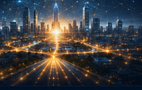 Futuristic glowing city skyline connected by light trails, representing JOYESH's Vision 2030