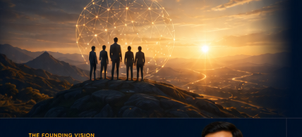 Silhouettes of a group standing on a mountain ridge facing a glowing sun, representing shared vision