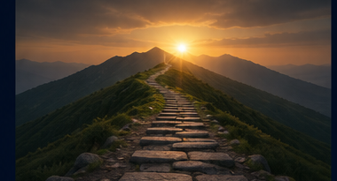 A stone path leading toward a sunrise over mountains, symbolizing a new journey